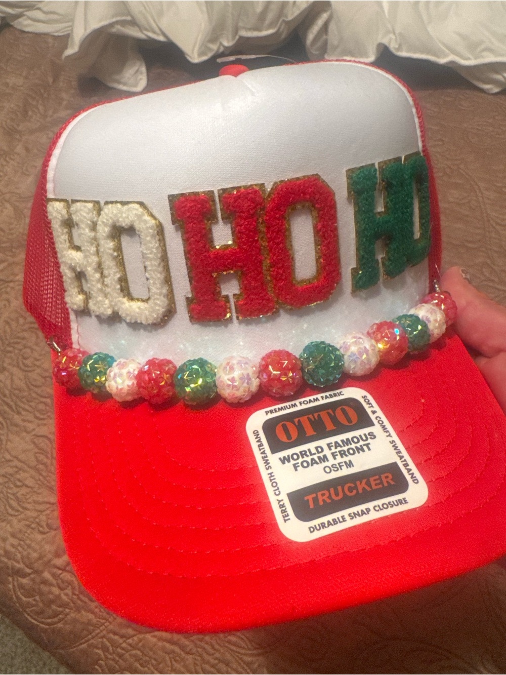 OTTO Red, White & Green 'HO HO HO' Holiday Trucker Hat with Beaded Trim